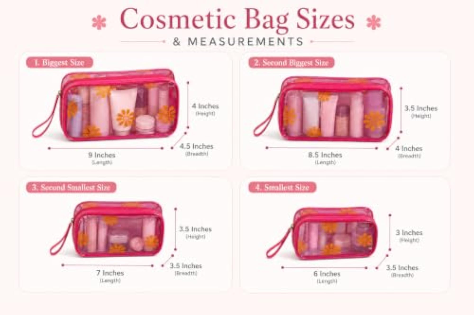 Clear PVC Makeup Vanity Bag Set of 4 with Floral Print